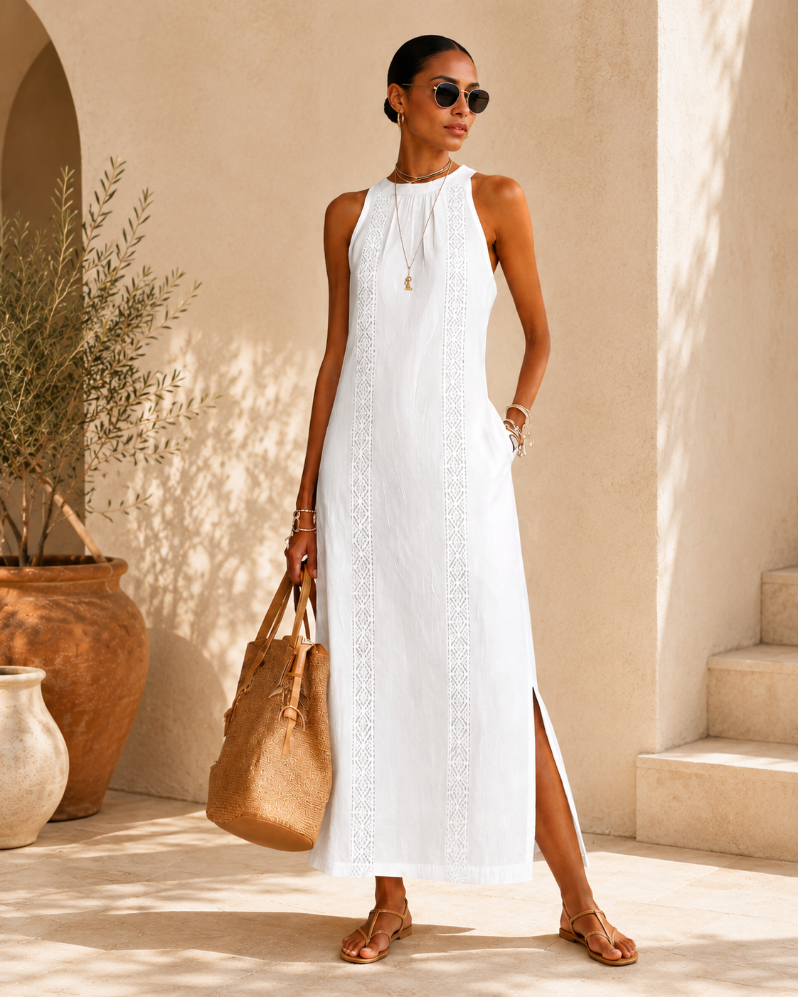 Florence | Mandarin-Collar Linen Midi Dress