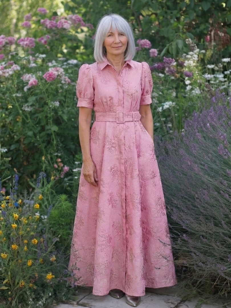 Vestido Maxi Floral Entallado de Manga Corta