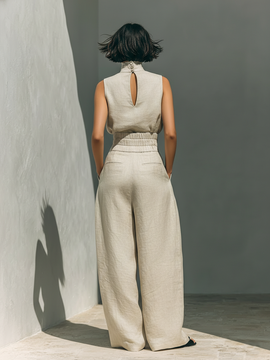 Conjunto de blusa sin mangas y pantalón de pierna ancha en mezcla de algodón y lino
