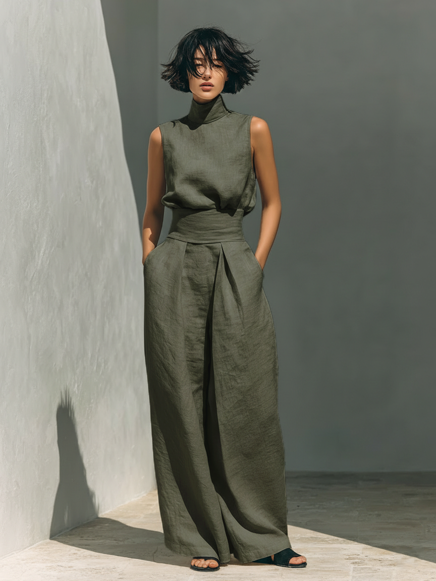 Conjunto de blusa sin mangas y pantalón de pierna ancha en mezcla de algodón y lino