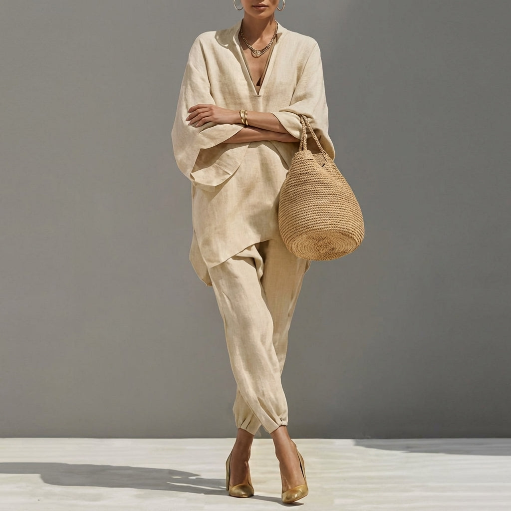 Marina™ | Conjunto Relajado de Top Escote en V y Pantalón Ancho