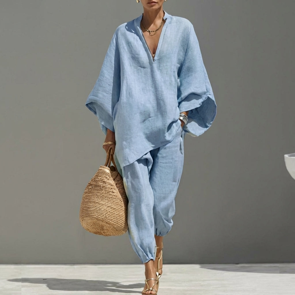 Marina™ | Conjunto Relajado de Top Escote en V y Pantalón Ancho