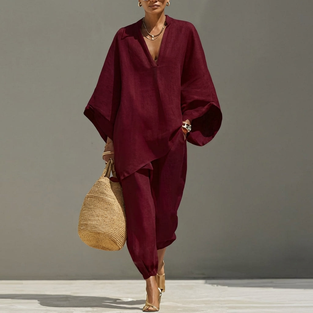 Marina™ | Conjunto Relajado de Top Escote en V y Pantalón Ancho