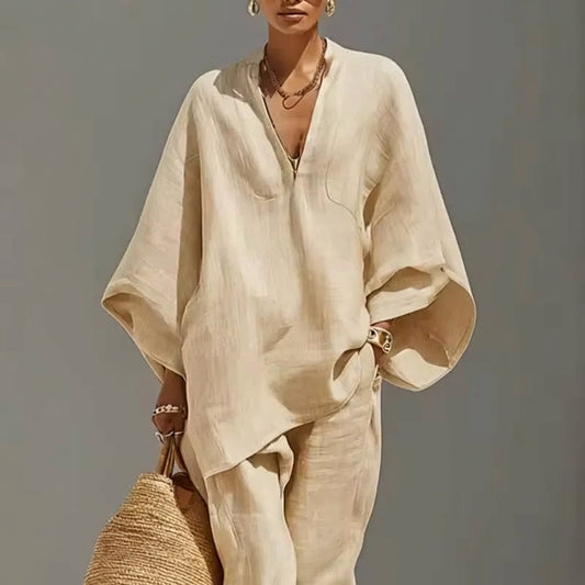 Marina™ | Conjunto Relajado de Top Escote en V y Pantalón Ancho