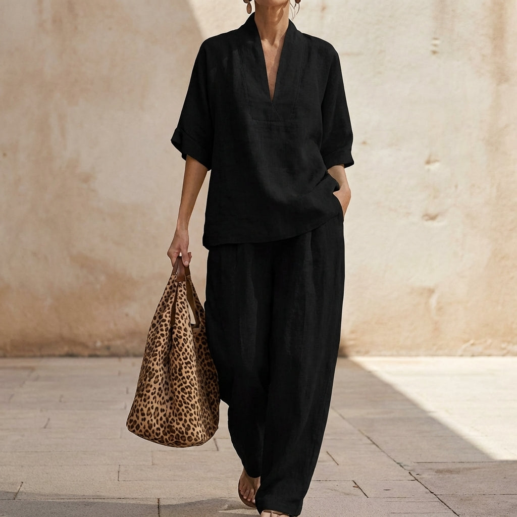 Dolores™ | Conjunto Relajado de Top Henley y Pantalón Ancho