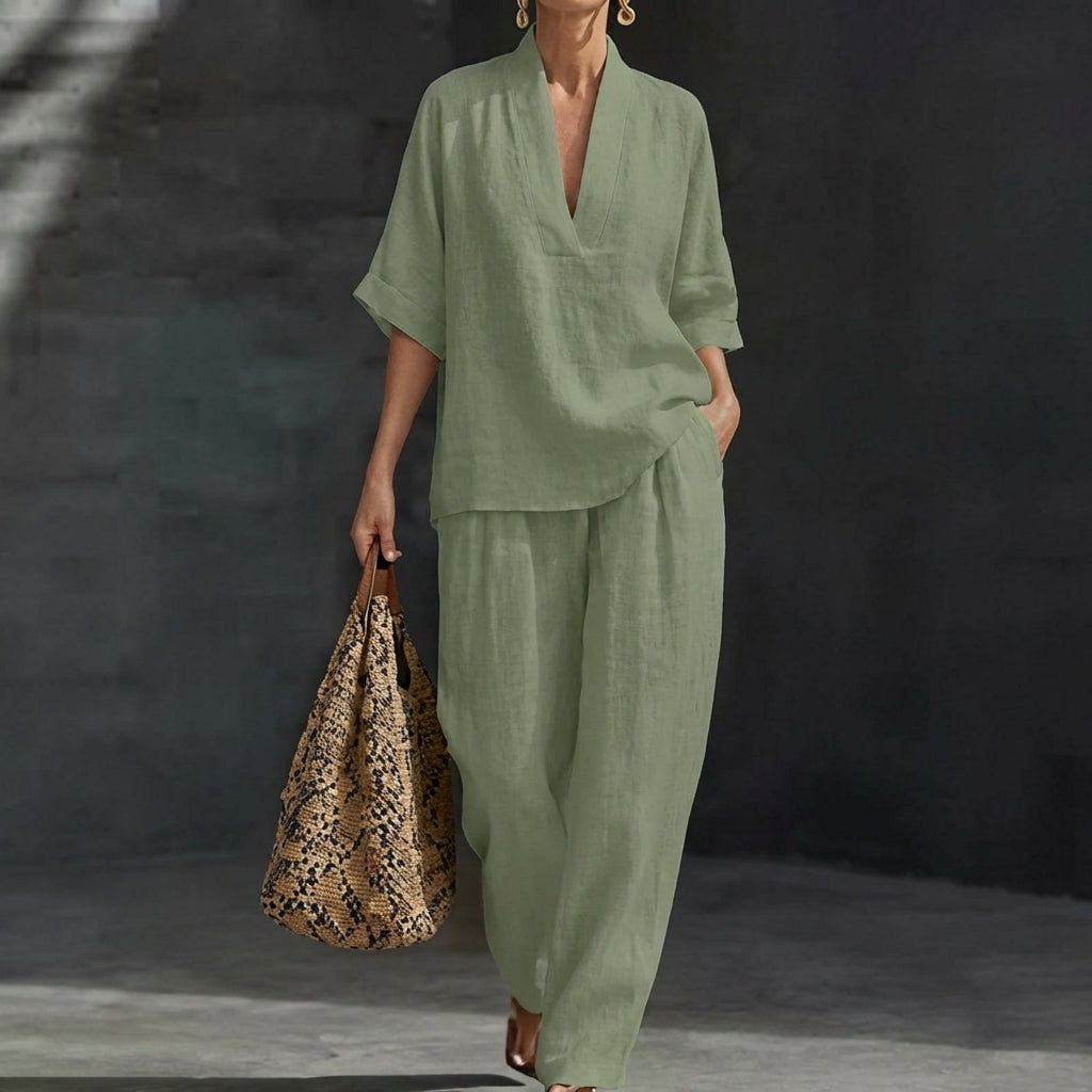 Dolores™ | Conjunto Relajado de Top Henley y Pantalón Ancho