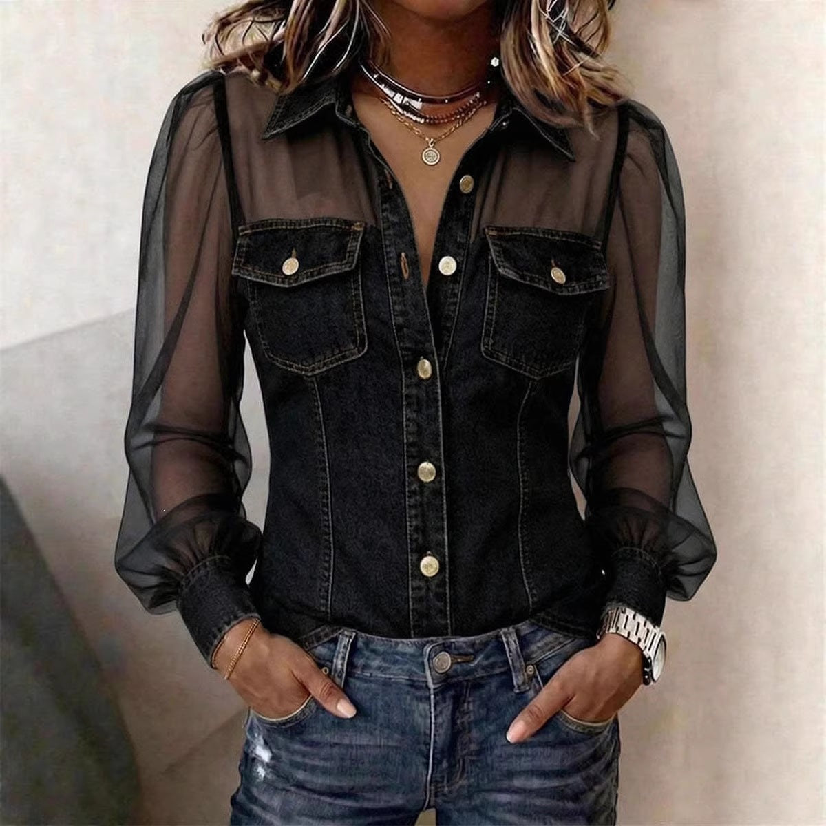 Valentina | Patchwork Denim Button Blouse