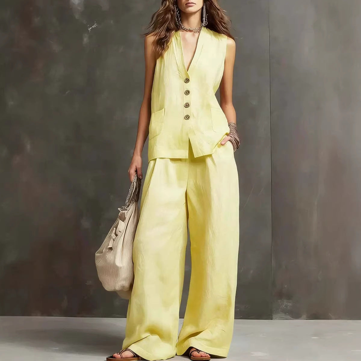 Conjunto de dos piezas de algodón y lino con chaleco sin mangas y pantalón de pierna ancha