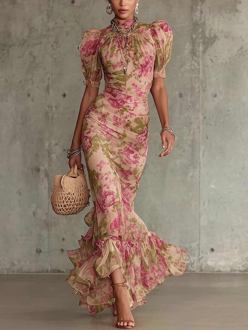 Fiora vestido largo rosas vintage mangas abullonadas