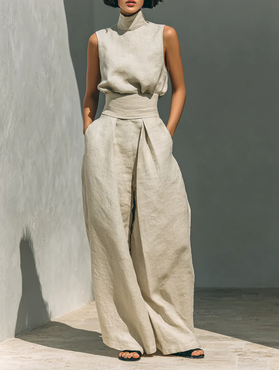 Aurora™ | Conjunto Coordinado Beige Holgado Sin Mangas con Pierna Ancha
