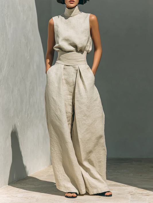 Aurora™ | Conjunto Coordinado Beige Holgado Sin Mangas con Pierna Ancha