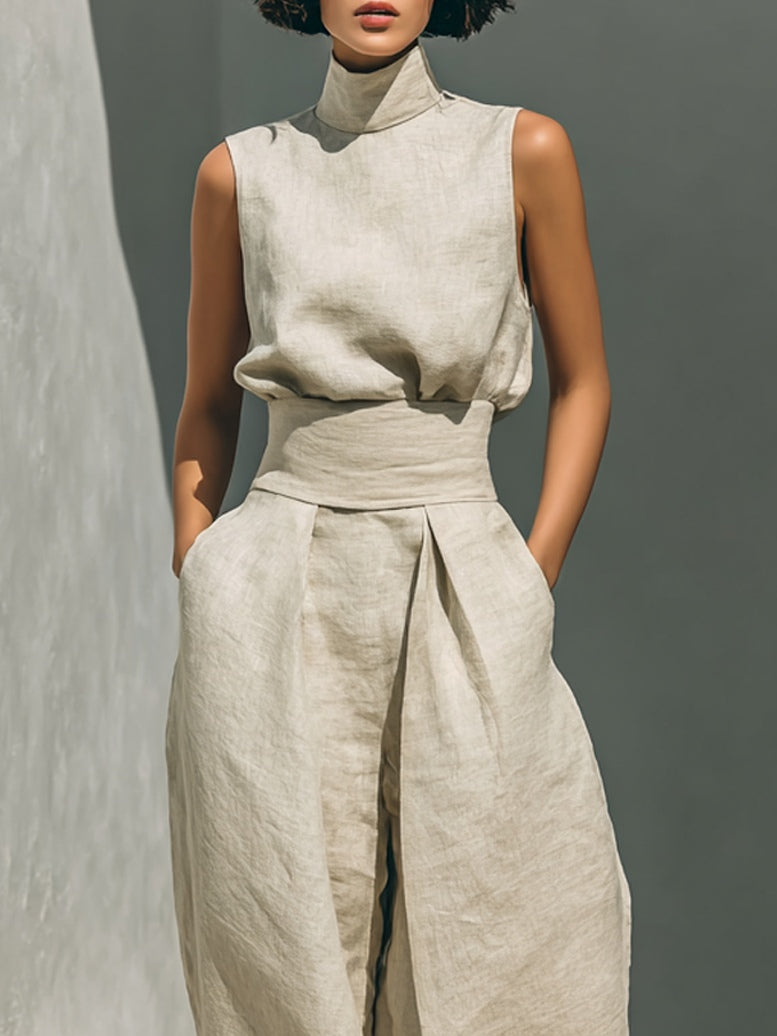 Aurora™ | Conjunto Coordinado Beige Holgado Sin Mangas con Pierna Ancha
