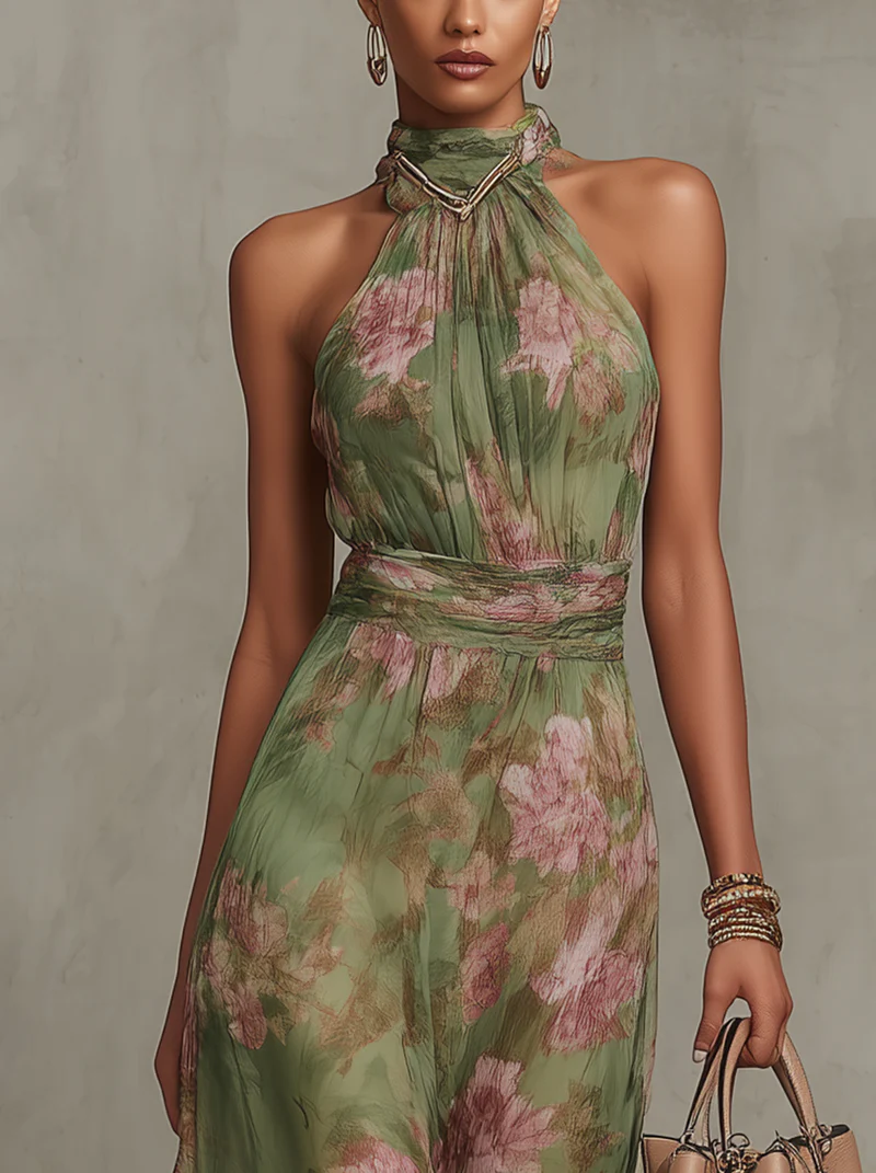 Serena™ | Vestido Largo de Gasa Floral con Cuello Halter