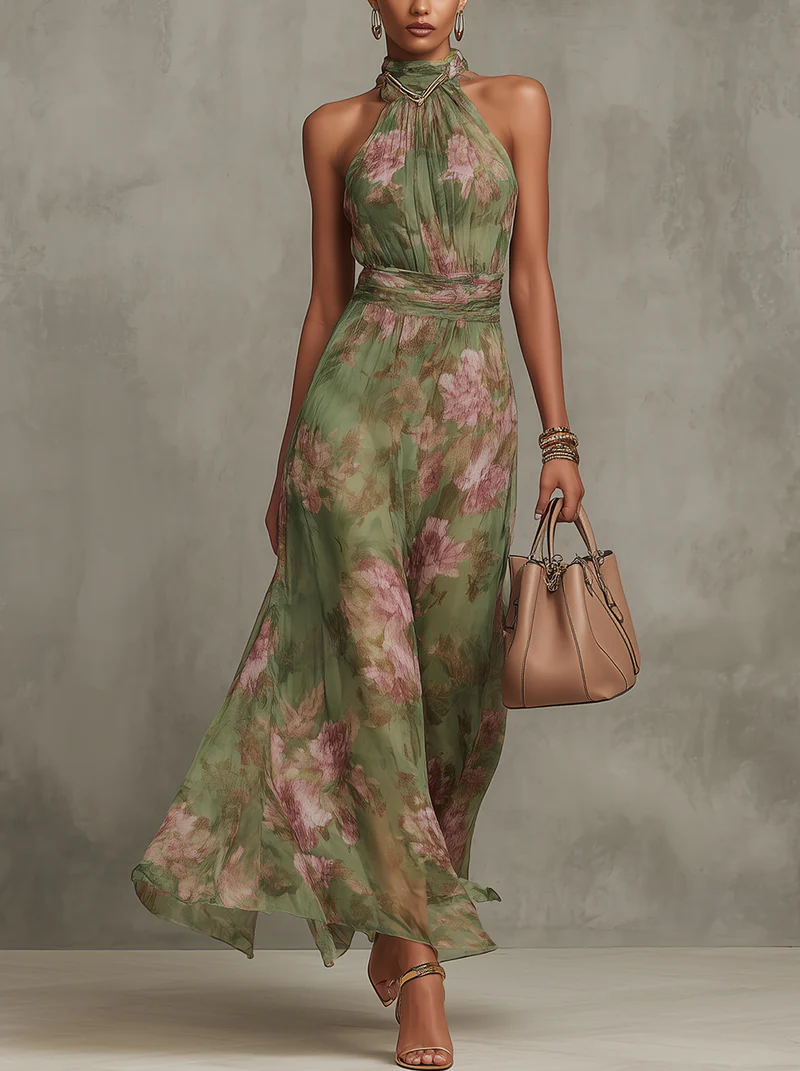 Serena™ | Vestido Largo de Gasa Floral con Cuello Halter
