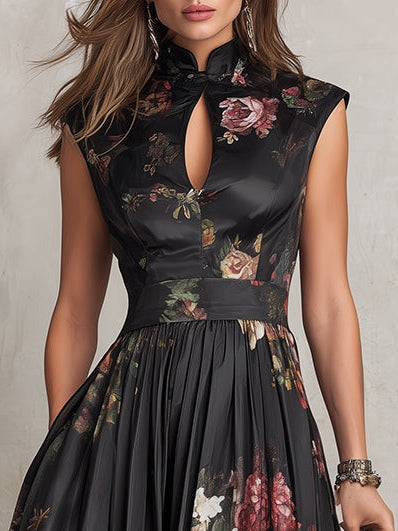 Violetta™ | Vestido Midi Negro de Satén Plisado con Estampado Floral y Escote Keyhole