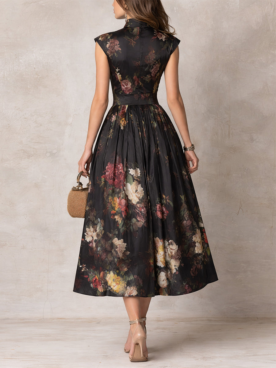 Violetta™ | Vestido Midi Negro de Satén Plisado con Estampado Floral y Escote Keyhole