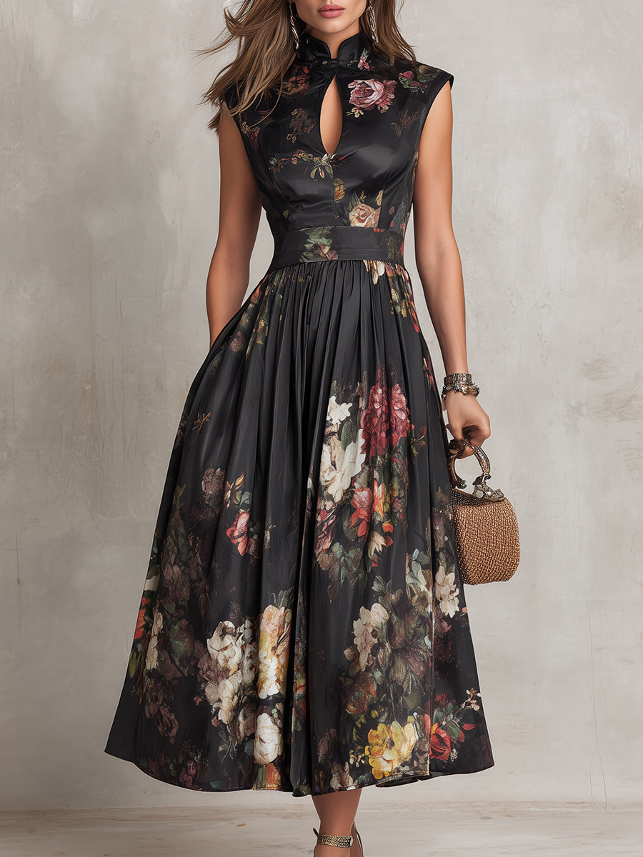 Violetta™ | Vestido Midi Negro de Satén Plisado con Estampado Floral y Escote Keyhole
