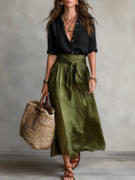 Tamara | Black Top & Olive Midi Skirt Set