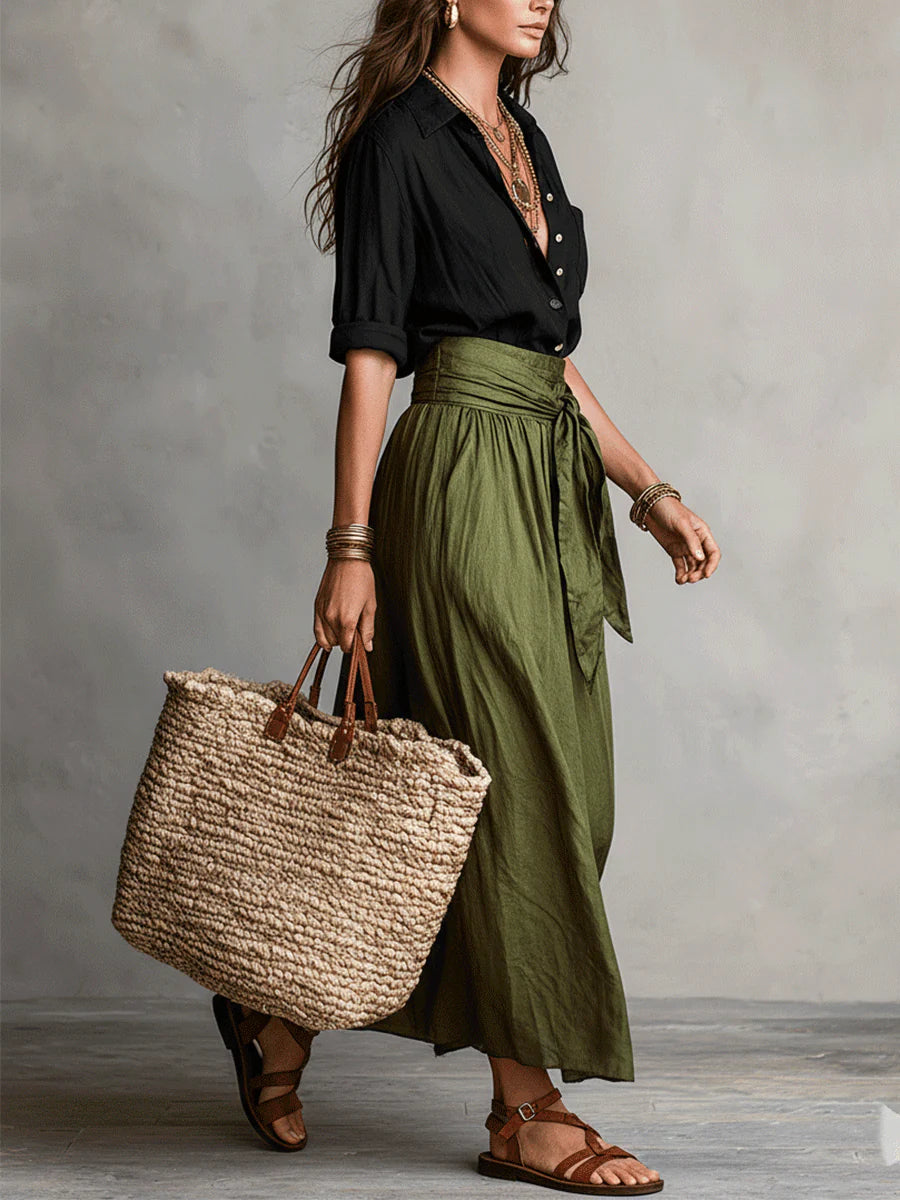 Tamara | Black Top & Olive Midi Skirt Set