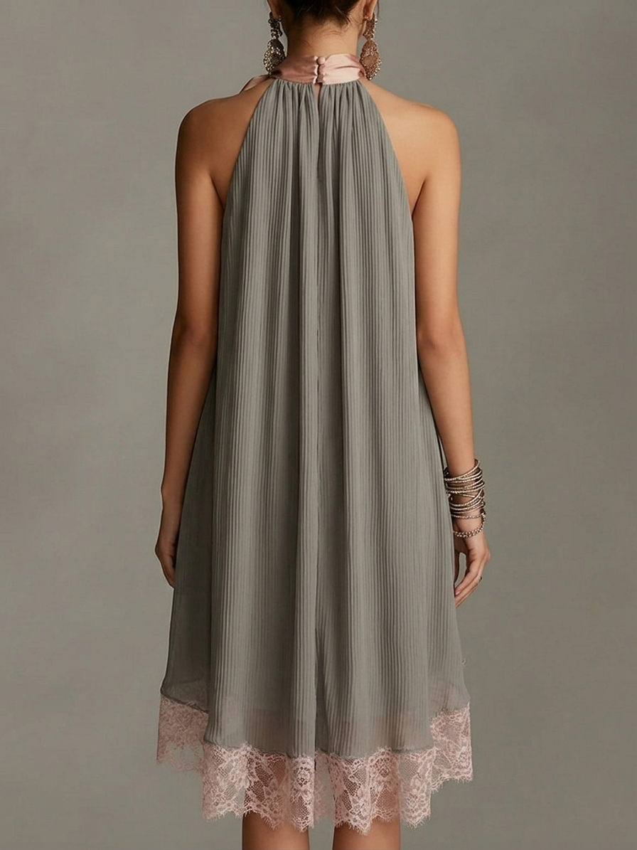 Valentina - Grey Halter Neck Mini Dress with Satin Bow &amp; Lace Trim
