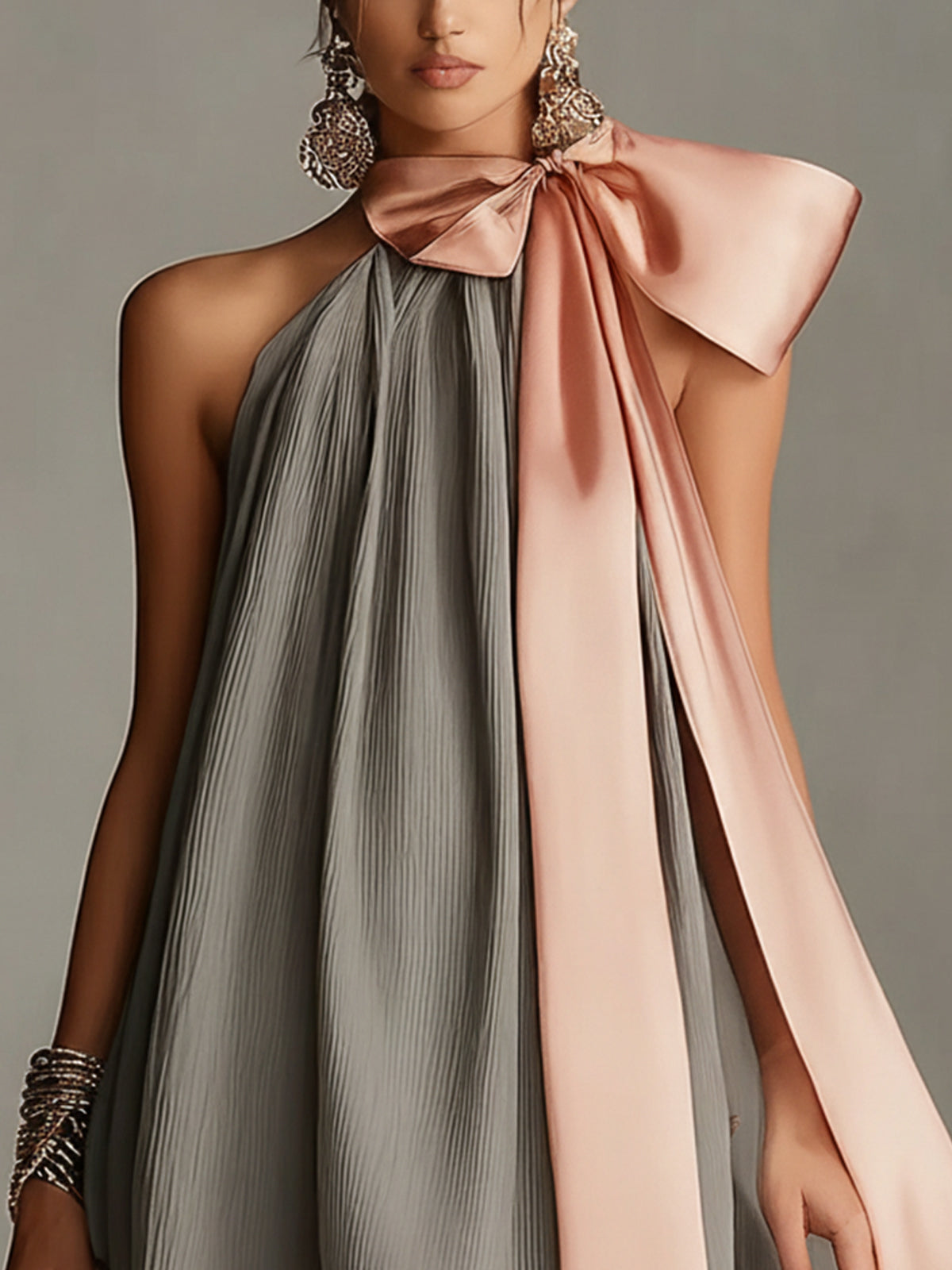 Valentina - Grey Halter Neck Mini Dress with Satin Bow &amp; Lace Trim