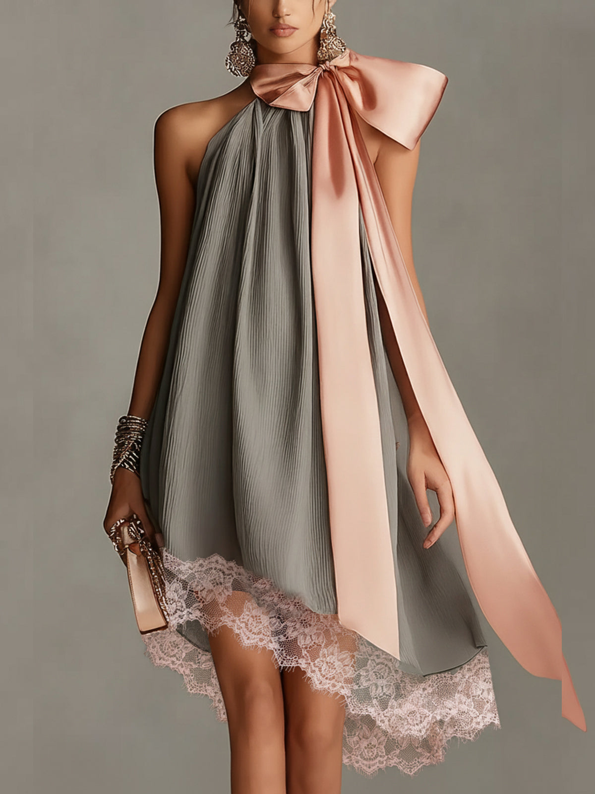 Valentina - Grey Halter Neck Mini Dress with Satin Bow &amp; Lace Trim
