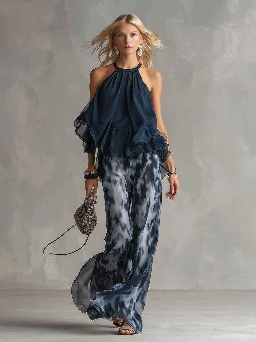 Ludovica™ | Conjunto Elegante de Top Halter Azul Marino y Pantalón Ancho Estampado