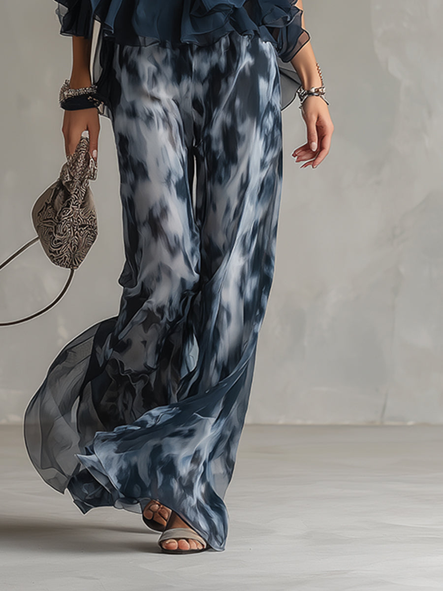 Ludovica™ | Conjunto Elegante de Top Halter Azul Marino y Pantalón Ancho Estampado