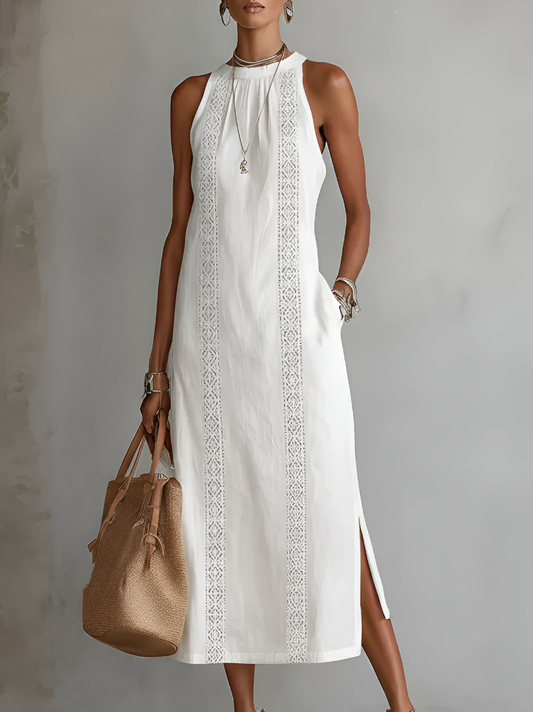 Jimena vestido midi lino cuello Mao blanco