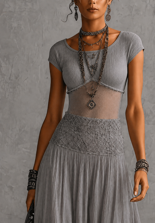 Alba | Lace-Panel Top & Pleated Skirt Set
