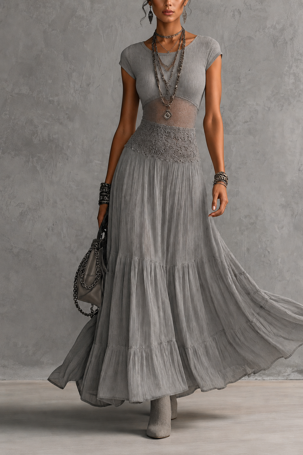 Alba | Lace-Panel Top & Pleated Skirt Set