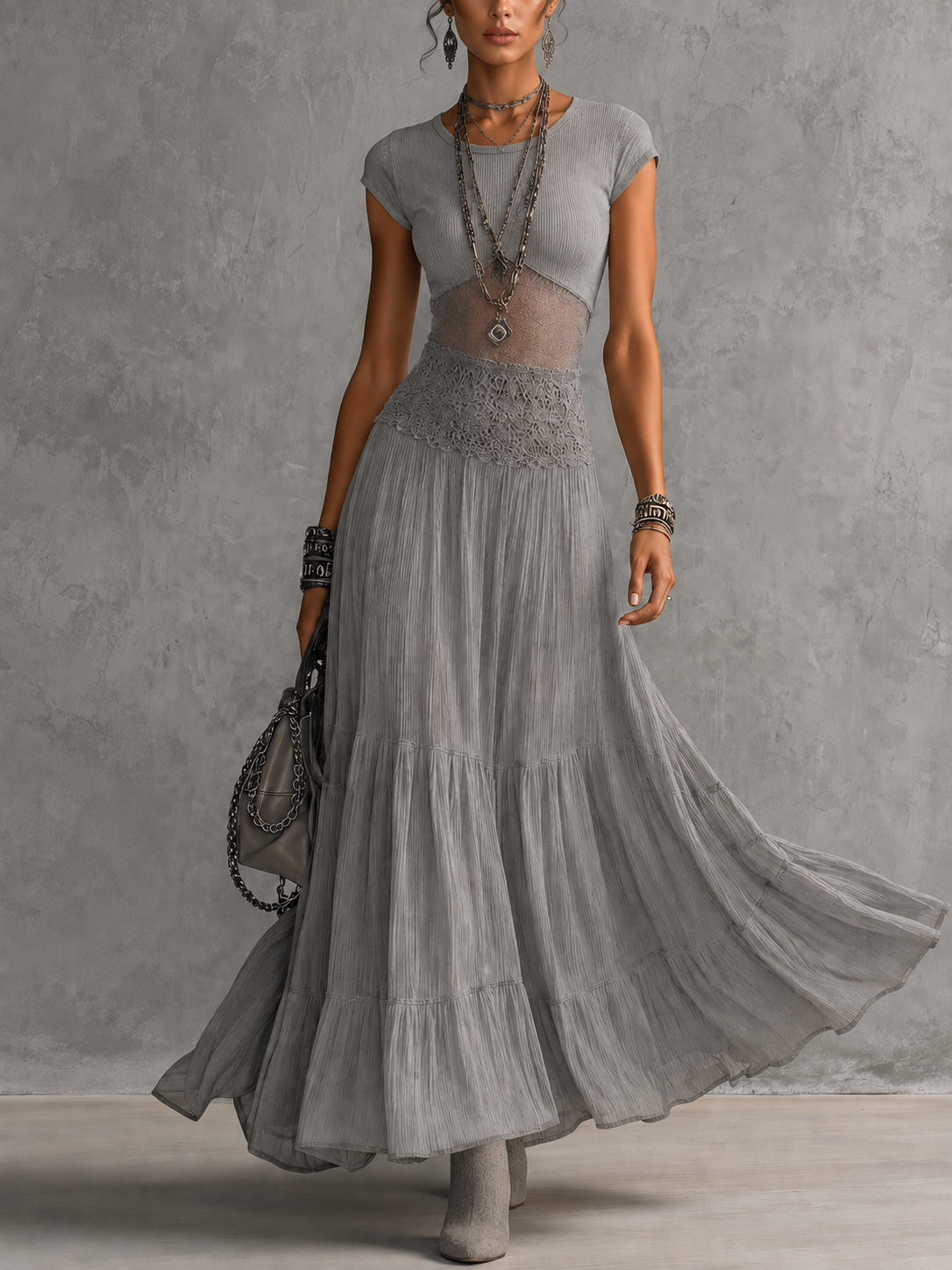 Alba | Lace-Panel Top & Pleated Skirt Set