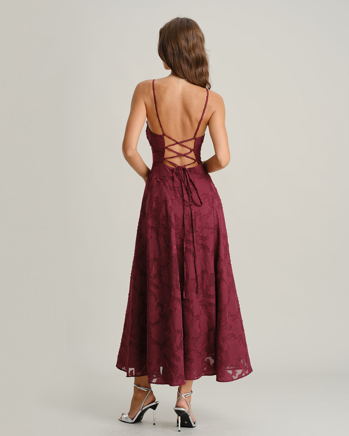 Vestido maxi slip jacquard rojo vino - imagen 5